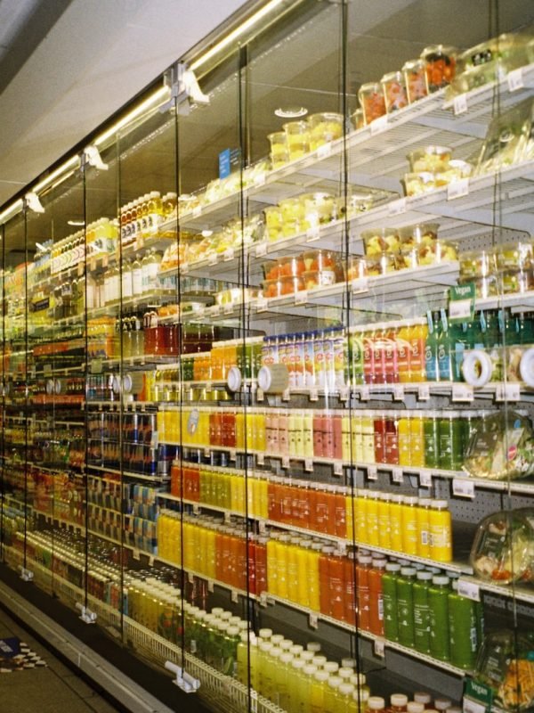 assorted food containers on shelf
